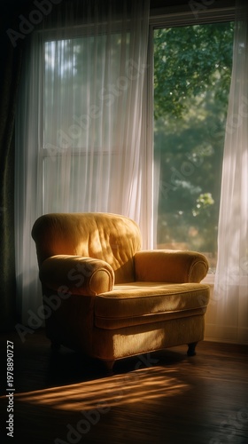 Chair placed in room under window with soft sunlight entering