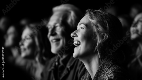 Cheerful woman laughing in a dark movie theater audience