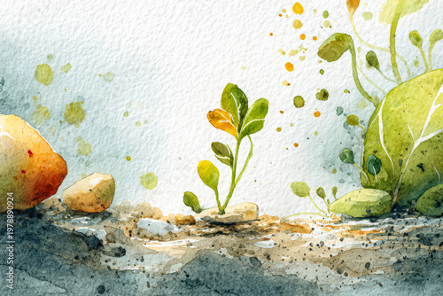 Watercolor Illustration of Growing Plants and Stones