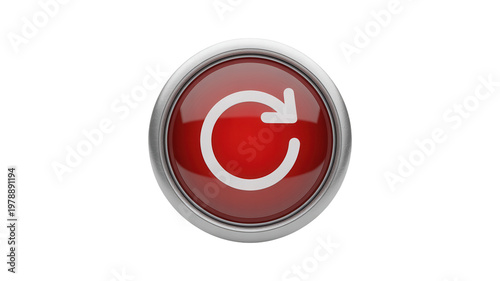Red refresh button isolated on white background with metallic interface circular technology communication isolated on white background