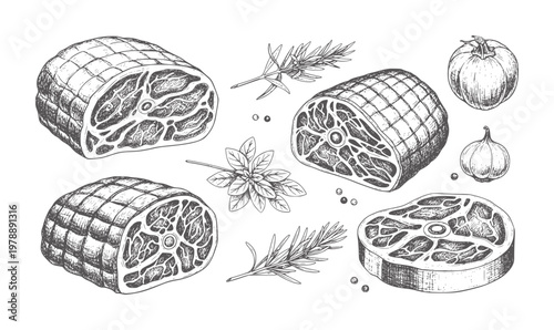 Hand drawn raw meat cuts steaks roasts herbs and spices beef