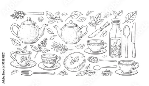 Hand drawn of tea set with herbs and ingredients teapot saucer spoon