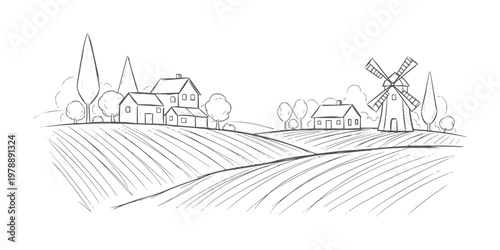 Of a rural landscape with farmhouses and a windmill