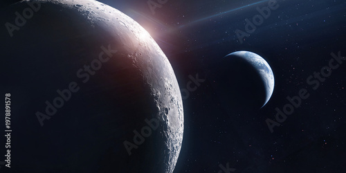 Foto Moon surface and Earth planet at night in outer space