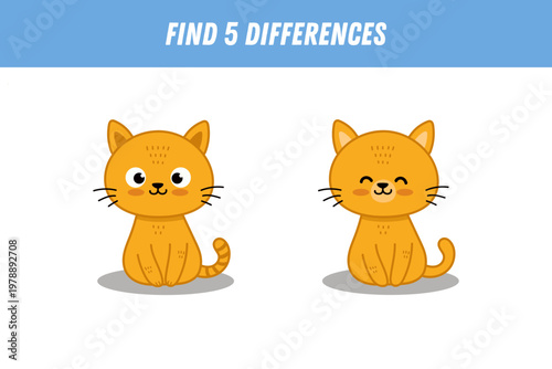 Find 5 differences between two pictures of cute red cat. Cute ginger kitten. Vector
