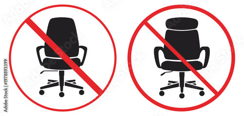 No office chair icon set, swivel chair prohibition symbols, no desk chair graphics, seating restriction signs, workplace safety warnings, furniture usage ban icons,