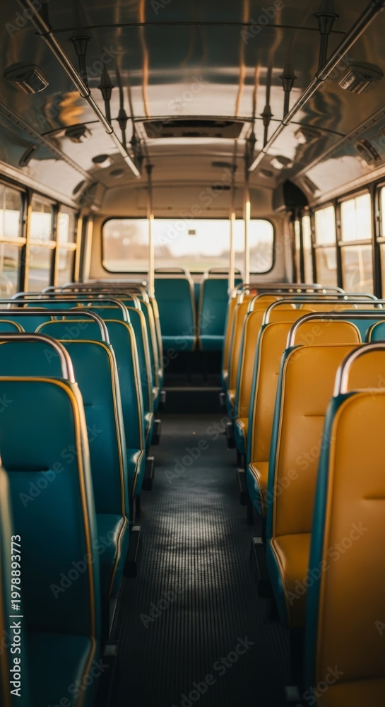 Fototapeta premium Empty vintage bus interior with teal and yellow seats at sunset