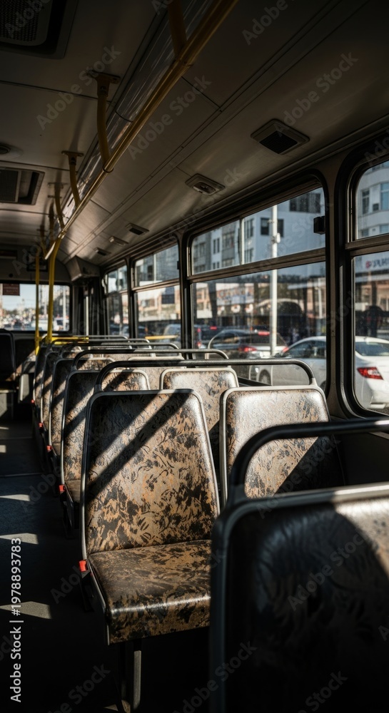 Obraz premium Empty city bus interior with patterned seats and sunlight