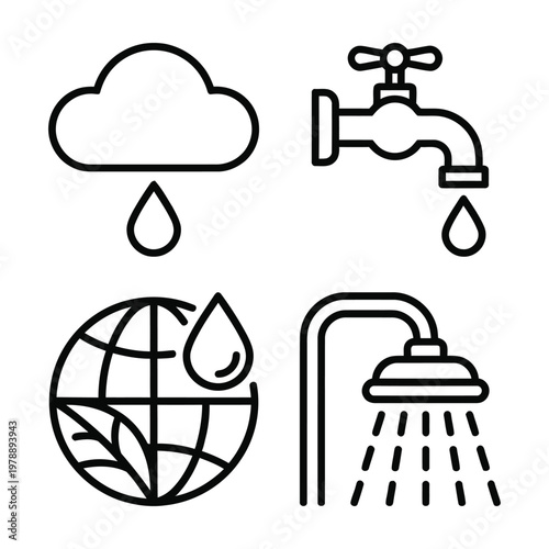 Set of water related icons including rain faucet globe with leaf shower illustration plumbing hydration conservation environment dripping resource