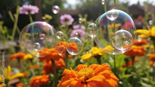 Colorful flowers with soap bubbles floating above