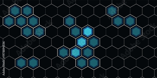 Futuristic abstract blue background featuring glowing hexagonal grid pattern and connected dots. Digital technology concept with geometric honeycomb structure
