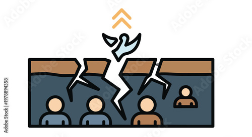 A dove flies through a fractured gap between two groups of people