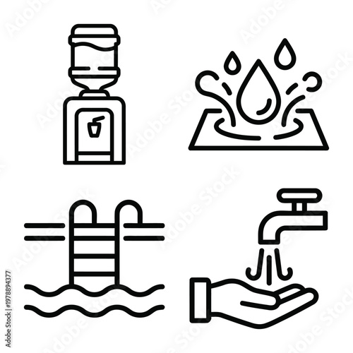 Water related icons: water cooler splashing swimming pool faucet with swimming dispenser refreshment illustration plumbing recreation poolside