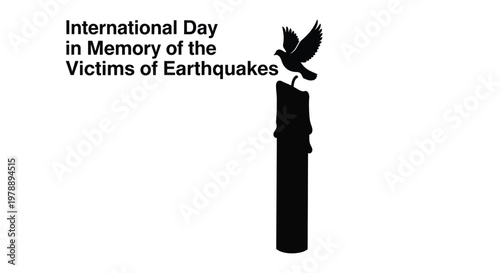 Silhouette of a bird perched atop a candle with text commemorating earthquake victims