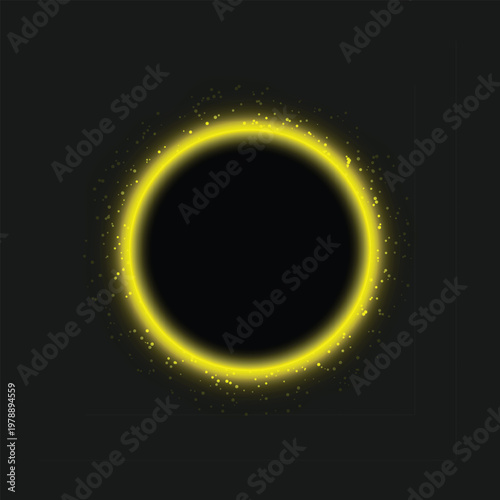Glowing yellow solar eclipse ring with sparkles on dark background vector illustration