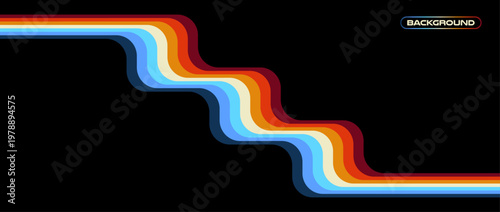 Vintage striped retro background, colorful curved lines. 1970s 1980s 1990s style abstract wave pattern for poster, banner or cover