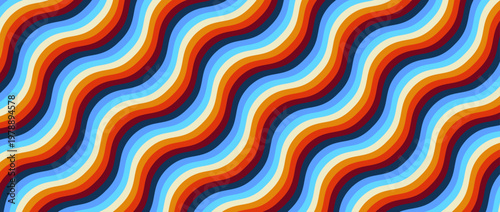 Vintage striped retro background, colorful curved lines. 1970s 1980s 1990s style abstract wave pattern for poster, banner or cover