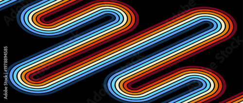 Vintage striped retro background, colorful curved lines. 1970s 1980s 1990s style abstract wave pattern for poster, banner or cover