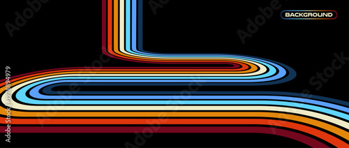 Vintage striped retro background, colorful curved lines. 1970s 1980s 1990s style abstract wave pattern for poster, banner or cover