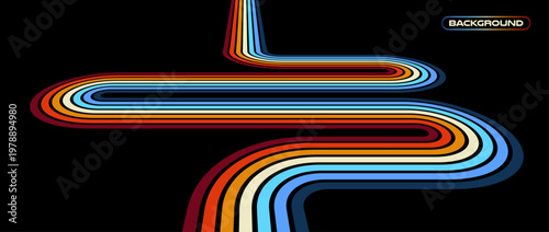 Vintage striped retro background, colorful curved lines. 1970s 1980s 1990s style abstract wave pattern for poster, banner or cover