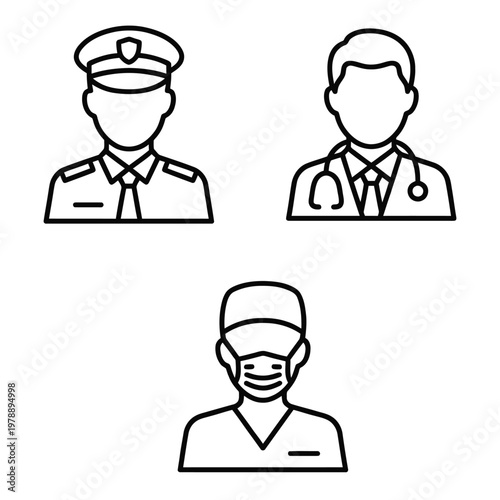 Set of icons representing professions: police officer doctor healthcare worker with service industry emergency services public service law enforcement