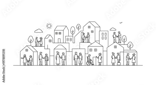 Diverse Community People Interacting in Stylized Village Line Art