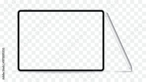 Realistic 3D Tablet Computer Mockup with Stylus Pen. Blank Screen Device Frame Template on Transparent Background