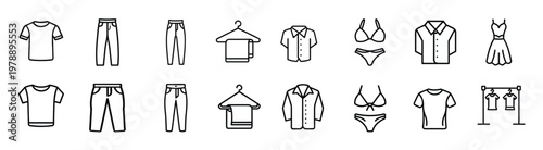 Clothing and apparel line icons set featuring t-shirt, jeans, casual shirt, dress, trousers, clothing rack, and underwear vector illustration with editable stroke.