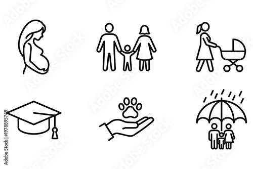 Icon set representing life stages and support systems with paw print pregnancy stroller graduation umbrella protection education illustration collection