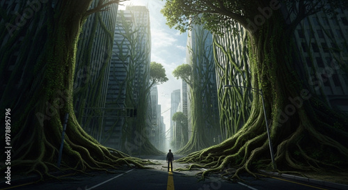 A futuristic cityscape with a person standing on a road surrounded by giant trees and skyscrapers with roots and green moss