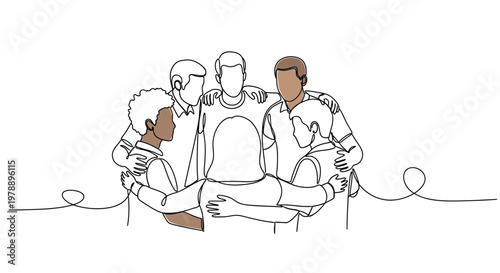 Diverse group of people in a circle, unity and togetherness concept, single line drawing