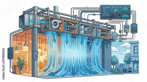 Air conditioning system with blue airflow.