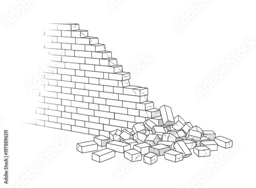 Crumbling brick wall with pile of fallen bricks falling