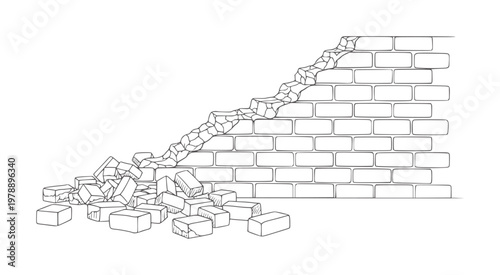 Crumbling brick wall with scattered debris and broken stones