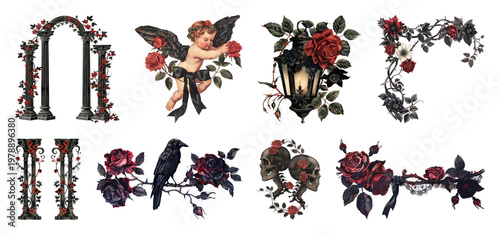 PNG Vintage floral gothic decorative elements on transparent background