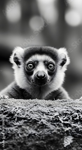 A charming close-up captures a curious lemur's expressive gaze, its striking eyes peering out from its monochrome world.