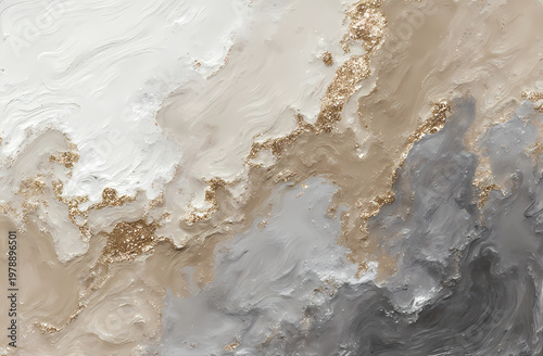A captivating blend of white, grey, golden, and beige hues dances on the canvas, reflecting light and creating depth in an enchanting abstract piece of art Generative AI