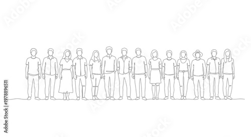 Photography Diverse group of people lined up, sketch style, representing community and unity