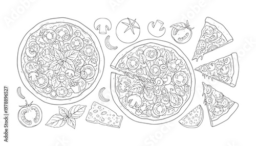 Hand drawn pizza slices and whole pizzas with ingredients food tomato mushroom
