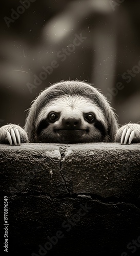 A curious sloth peering over a textured branch, exuding an air of gentle relaxation and serenity, offering a glimpse into the serene world of the rainforest.