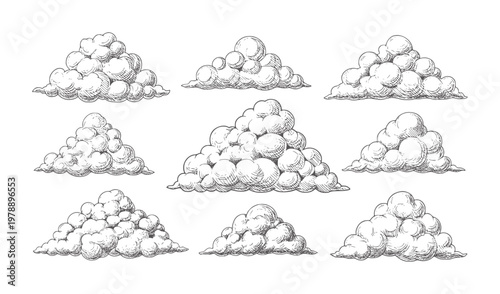 Nine Hand Drawn Cumulus Clouds in Style vintage retro