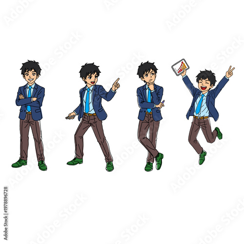 Set of 4 professional businessman characters in various poses. Smart male employee standing, thinking, pointing, and jumping for success. Vibrant vector bundle for corporate and startup concept.
