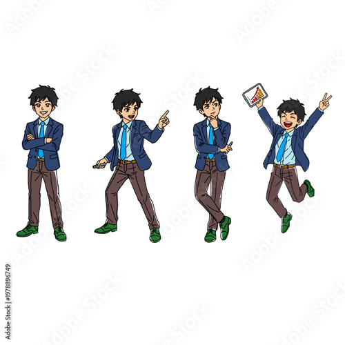 Set of 4 professional businessman characters in various poses. Smart male employee standing, thinking, pointing, and jumping for success. Vibrant vector bundle for corporate and startup concept.