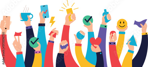 Colorful Hands Holding Icons of Choice, Wellness, Technology and Emotion Vector Illustration