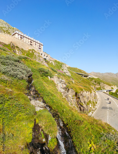Scenic alpine mountain road of Furka pass with Belvedere hotel