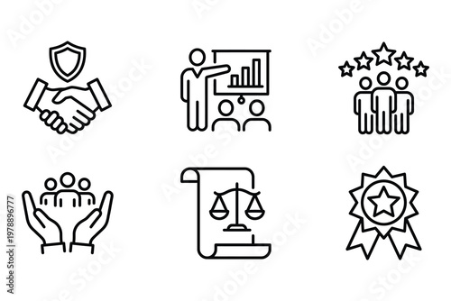 Business and legal concept icons: handshake presentation teamwork justice with business handshake agreement presentation teamwork collaboration document