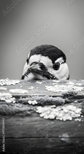 A curious woodpecker peeks over a weathered wooden fence, its expressive gaze fixed on the observer, captured in a striking monochrome image.