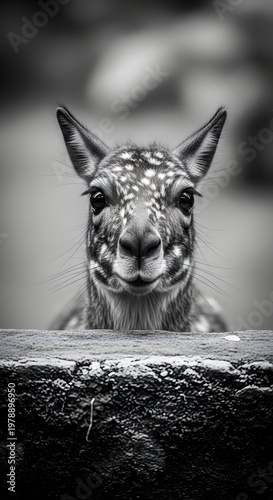 A close-up, black and white photograph captures the endearing gaze of a deer, head framed against a natural background.