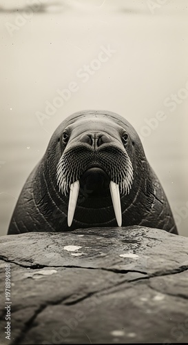 A majestic walrus emerges from the water, its massive tusks and textured skin creating a compelling portrait of raw power.