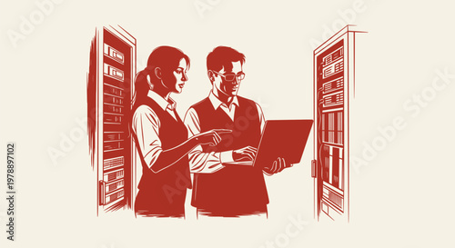 Male and female IT specialists working on laptop in server room data center network illustration.